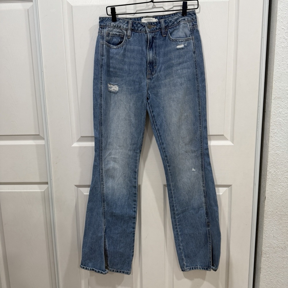Hidden Jeans Flare Split Hem High Rise Distressed Light Wash 100%‎ Cotton 28